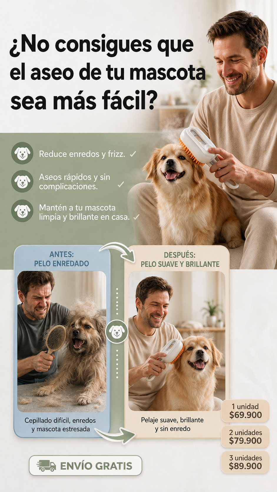 PawClean: Cepillo a Vapor 3 en 1 para Mascotas que Cepilla, Desenreda y Suaviza el Pelaje.