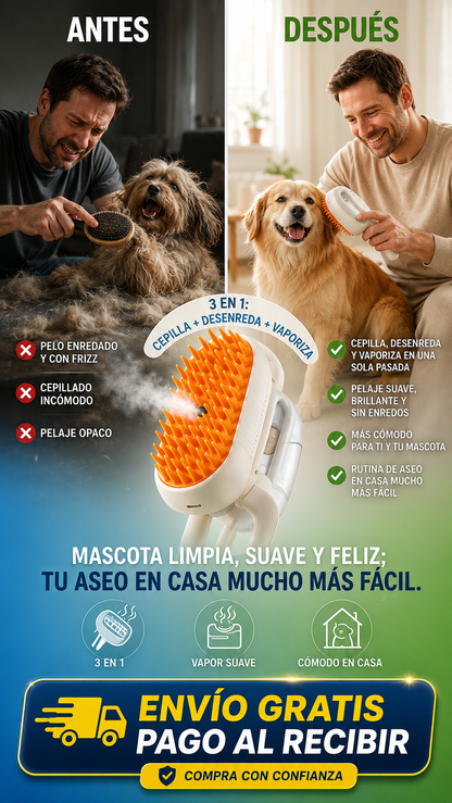 PawClean: Cepillo a Vapor 3 en 1 para Mascotas que Cepilla, Desenreda y Suaviza el Pelaje.