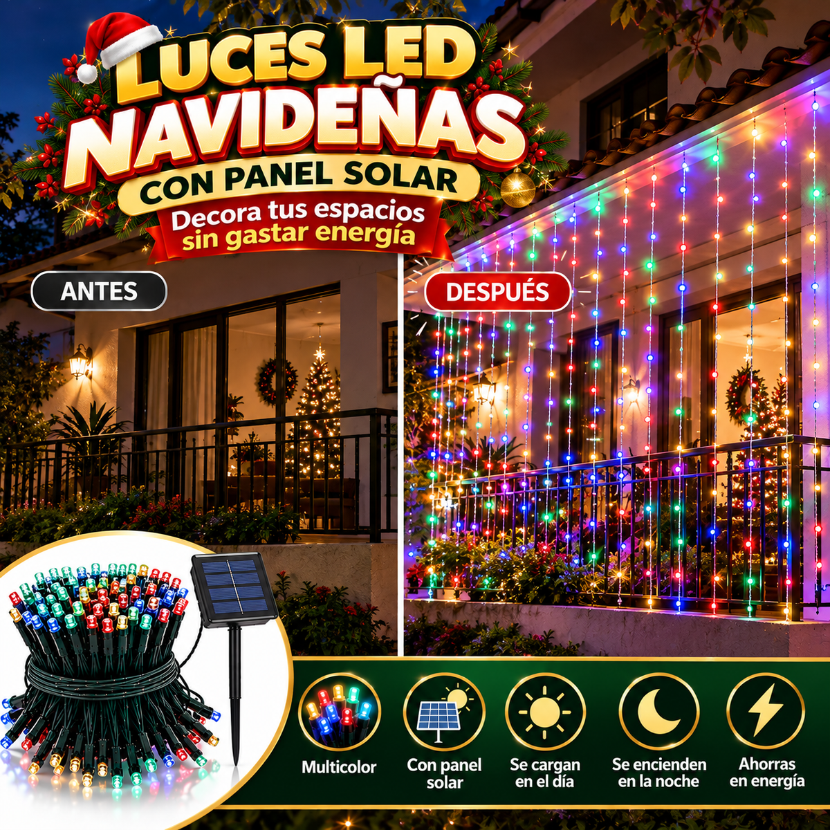 LUCES NAVIDEÑAS LED PANEL SOLAR: Disfruta esta Navidad sin preocuparte por el recibo de la luz