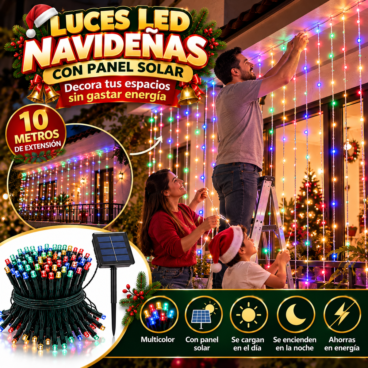 LUCES NAVIDEÑAS LED PANEL SOLAR: Disfruta esta Navidad sin preocuparte por el recibo de la luz