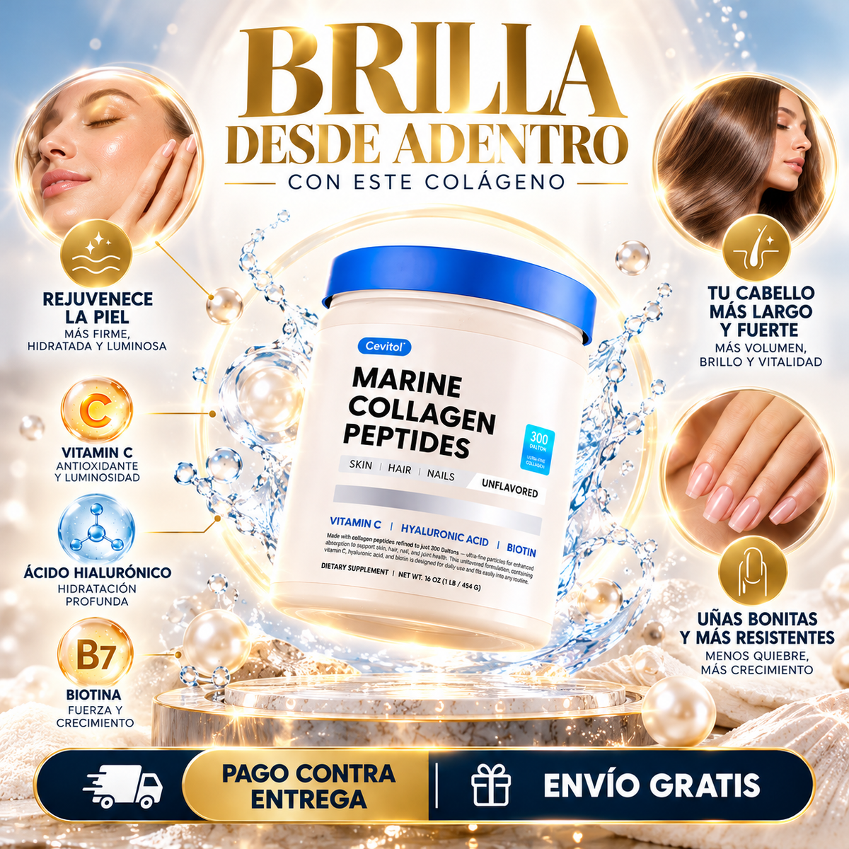 CollaGlow: Colágeno Marino para Piel, Cabello y Uñas Radiantes.