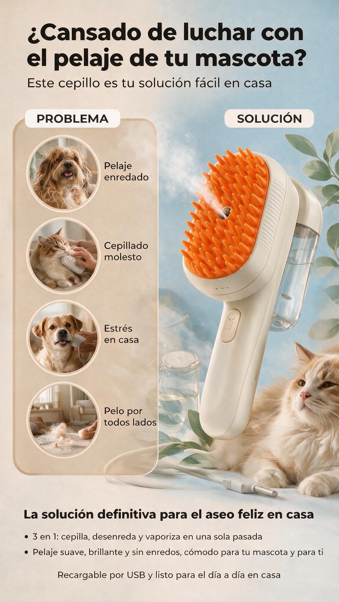 PawClean: Cepillo a Vapor 3 en 1 para Mascotas que Cepilla, Desenreda y Suaviza el Pelaje.